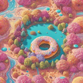 A colorful, vibrant, and detailed full-body view of a donut-themed planet, with donut-shaped mountains, lakes, and trees, in a whimsical and fantastical digital art style, with dynamic shadows and soft lighting