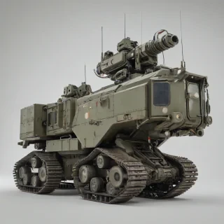 A diesel-punk, walking vehicle with two  legs, a tank-like chassis , and two large bore weapon mounts on either side, a multiple launch rocket system mounted on top. flat and angled surfaces with exposed riveting and matte militaristic colors. plain white background, in a wide shot with its feet visible, showcasing its full body, with a focus on connecting the top and bottom sections of the vehicle., on a plain white background, even lighting 
