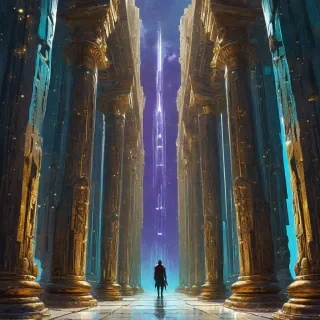 Digital art of a low angle shot looking up at giant ancient celestial pillars lined up starting at the foreground and disappearing in the horizon, gold, purple, aqua, and white accent colors, twinkling lights in the cracks in the pillars, ancient elvish runes carved into the pillars, Jeremy Mann and Syd Mead influenced art styles