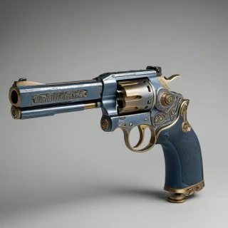 a futuristic, steel blue, dieselpunk-themed revolver with intricate brass details and a worn, industrial finish, in a wide shot, full-body view, on a plain white background, with a sense of dynamic lighting and deep shadows, in the style of a highly detailed digital illustration