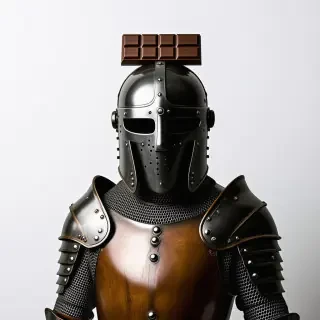 A full-body view of a piece of armor, made of dark brown and silver metal, with a chocolate bar placed on top of the helmet, set against a plain white background, in a contemporary photography style with soft, natural lighting and a wide-angle shot, with the armor's intricate details and the chocolate's texture clearly visible