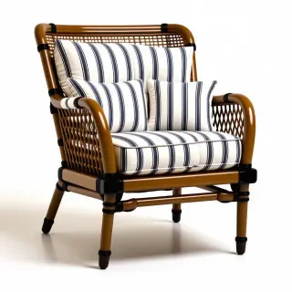 brown spindle chair with white and blue striped cushions