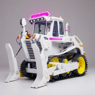 A full-body view of a white bulldozer, a type of construction equipment, with a synthwave aesthetic, set against a plain white background, with neon lights and vibrant colors, in a wide shot, with the entire machine visible, including the tracks and the operator's cabin, in a futuristic and retro style, with bold lines and geometric shapes, on a plain white background, even lighting 
