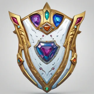 A stylized, chunky galaxy shield with embedded jewels, designed as a fun video game asset, featuring a wide shot with the chest's intricate details and colorful jewels on a plain white background, with a dynamic lighting effect to accentuate its textures and vibrant colors, on a plain white background, even lighting