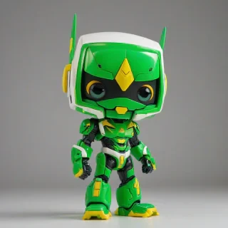 a bright green mecha suit in a funko pop style with an enlarged head, vibrant colors and bold lines on a plain white background with even lighting