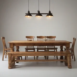 A rustic, wooden tavern style dining table with four chairs and a long bench, set against a plain white background, with a wide shot view of the entire table and seating, in a warm, inviting, and traditional illustration style, with soft lighting and no shadows, on a plain white background, even lighting 
