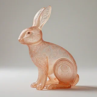A delicate, peach-colored glass rabbit with intricate, swirling patterns, in a full-body view, on a plain white background, with soft, warm lighting and a shallow depth of field, in a whimsical, dreamlike style, with a mix of realism and fantasy elements, on a plain white background, even lighting 
