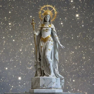 museum-scale Carrara statue: a cloaked cosmic warrior stands atop a cracked observatory plinth, sword-tip buried in star-flecked mosaic. The universe billows around her--spiral nebulae and gilded constellations carved in high-relief marble glow within her cloak. Chisel scars catch starlight; fallen dust pools like lunar soil at the base.