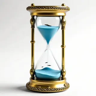An hourglass with half of the sand in the top and half in the bottom. The sand is actually blue ocean water with tiny tiny little fish in it. The hourglass is encased in a golden metal frame with nautical themed serpents and octopi engraved into the frame.
