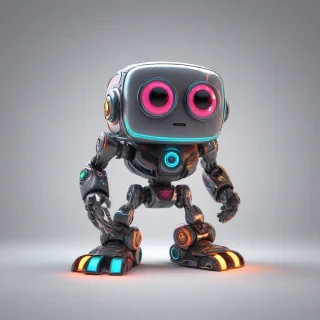 A cute, video game robot with a stumpy body, big eyes, and a cubic face, standing in a full-body view with its feet visible, on a plain white background, in a comic book art style with bold neon lines and bright colors, with a wide-angle shot and bright lighting, on a plain white background, even lighting 