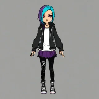 Hand drawn gothic cartoon style female character with different colored hair, and vivid colored clothing, full body visible, on a plain white background, even lighting