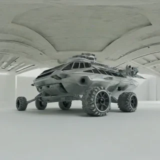 A silver rover with a brutalist architectural style, featuring sharp edges and a geometric shape, set against a plain white background, with a wide shot and the rover's wheels and body fully visible, in a digital art style with a mix of 3D rendering and abstract textures, with a focus on dynamic shadows and a sense of industrial futurism, on a plain white background, even lighting