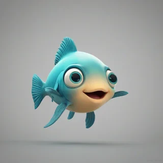 A cartoon style cute dark cyan colored baby fish with a smile, in 3D animation style, full-body view, with bright and vibrant colors, standing on a plain white background, with a wide-angle shot, and dynamic lighting, featuring a small, rounded body, large eyes, and a tiny nose, with a happy and playful expression, on a plain white background, even lighting, on a plain white background, even lighting 