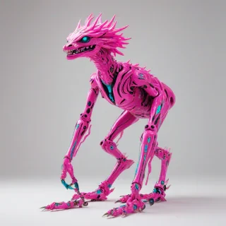 a large, pink, afrofuturist monster, with metallic limbs and vibrant, neon-like markings, set against a plain white background, in a wide shot with its feet visible, in the style of a digital painting with bold brushstrokes and dynamic shadows