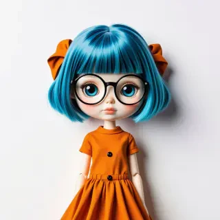 A doll with glasses and blue hair and a orange dress