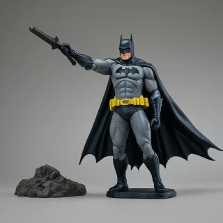 batman figurine, with his bat cape spread open, on a plain white background, even lighting