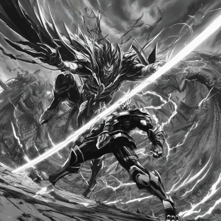 A black and white digital anime of two powerful beings in a fierce battle from a high angle, with a focus on dynamic movement and detailed linework, set against a faintly visible background, their feet planted firmly on the horizon ground.