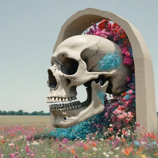A dreamlike surrealist image of a massive skull in profile view with a large, hollowed-out archway in the center, set in a dreamy field with vibrant colors and flowers blooming around it, set on a plain white background.