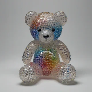 Full-body view of a crystal teddy bear on a white background, sparkling with rainbow colors, on a plain white background, even lighting 