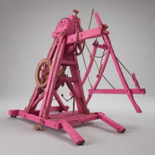 A medieval siege weapon, such as a catapult or trebuchet, painted entirely pink, with a wide shot view of the entire machine, including its wooden frame and ropes, set against a plain white background, with a bright and colorful style, reminiscent of a fantasy illustration, with dynamic shadows and a sense of texture and detail, and the machine is in a state of readiness for battle, with a sense of tension and anticipation, on a plain white background, even lighting 
