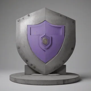 A large, brutalist-style shield with a lavender color scheme, featuring a wide shot of the shield with its base visible, on a plain white background, with a mix of concrete and metallic textures, and a sense of ruggedness and durability, in a digital art style with bold lines and geometric shapes