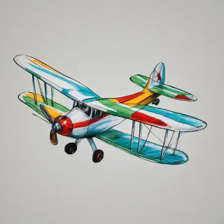 hand-drawn style single airplane. bright and vivid colors, on a plain white background, even lighting