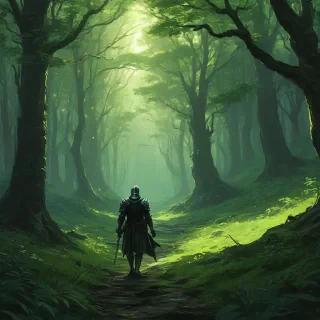 Andreas Rocha art style, knight walking through a lush green forest with softly glowing trees