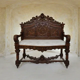 A beautifully crafted, ornate piece of Renaissance-style furniture, made from rich, dark wood and adorned with intricate carvings, on a plain white background, full-body view, with warm, golden lighting and soft, dynamic shadows, in the style of a classic oil painting, with a sense of depth and history, named Amber, on a plain white background, even lighting