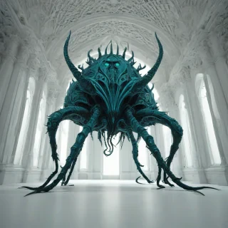 A full-body view of a dark, Cyan, alien parasite with Gothic architectural features, intricate details, and a haunting presence, set against a plain white background, with dramatic lighting and dynamic shadows, in a wide-angle shot, digital art style, with a sense of mystery and otherworldliness, on a plain white background, even lighting