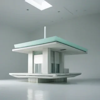 A serene, mint-colored, brutalist floating island, with a wide shot, full-body view, and a plain white background, incorporating architectural elements such as concrete, steel, and glass, with a mix of sharp lines, geometric shapes, and a futuristic atmosphere, and dynamic lighting with a soft, ethereal glow