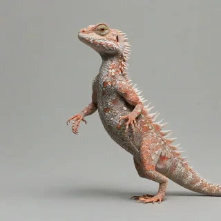 A majestic lizard, with scales in shades of salmon, set against a plain white background, in a full-body view, with a Baroque style of intricate details and ornaments, and a sense of dynamic movement, as if the lizard is about to take flight, with its legs spread wide and its claws extended, and a hint of smoke and fire in the air, with a warm and golden lighting, and a sense of drama and tension in the atmosphere, on a plain white background, even lighting