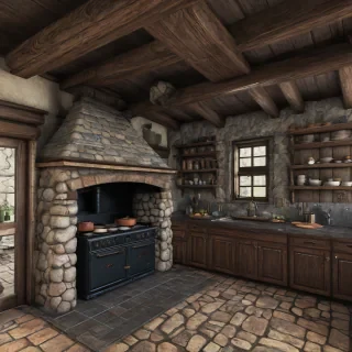 game asset style mid evil era kitchen featuring a large chimney constructed from rocks above a cast iron stove, dark round wooden beams, and dark wooden cabinets , no ceiling showing, slightly down looking angle