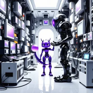 A wide shot, landscape view of a bright, futuristic room filled with cool electronic computer equipment, wires, and futuristic gadgets, with a sleek, black metal humanoid robot with purple accents framing the face, arms, and legs and around the torso, standing in the center of the room, holding a very small, cute, pastel-colored galaxy dragon with glittering, swirly patterns in one hand, and a colorful beach ball with a fun, playful design in the other hand, on a plain white background, with soft, natural lighting and a shallow depth of field, in a digital art style with clean lines and minimal textures