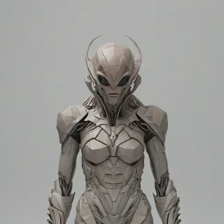 A brutalist alien with peach skin on a plain white background, wide shot, sharp edges, geometric shapes, even lighting