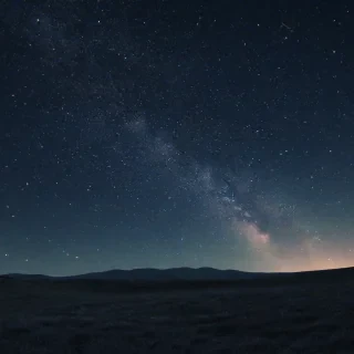 A starry night sky, scattered stars,  wide shot, with visible horizon, in a digital art style, with dynamic shadows and a hard rim light