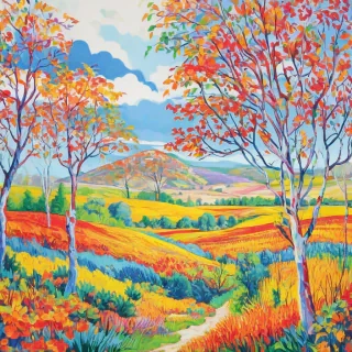 Fauvism style nature scenery, vibrant colors, wide shot, full-body view, plain white background