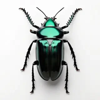 A full-body view of a rose chafer beetle, also known as a rose insect, with a shiny green back and a metallic sheen, on a plain white background, in a wide shot, with its legs and antennae visible, in a Gothic style with intricate details and dark accents, with a sense of mysticism and romance, in a digital art style with bold lines and vibrant colors