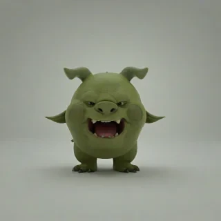 animation style, olive green ogre, with a pig nose, big pointy ears, large fangs, rounded features, kid friendly, on a plain white background, even lighting