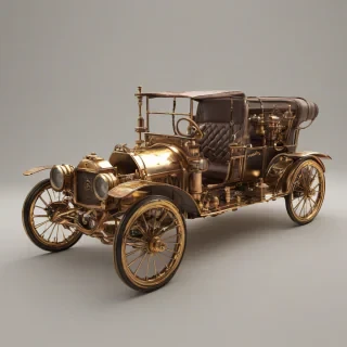 A steam punk style, antique model 'T' car, with brass accents and copper pipes, in a wide shot, full-body view, on a plain white background, with a warm, golden lighting and dynamic shadows, in the style of a digital illustration, with intricate details and textures, and a sense of nostalgia and vintage charm, on a plain white background, even lighting 