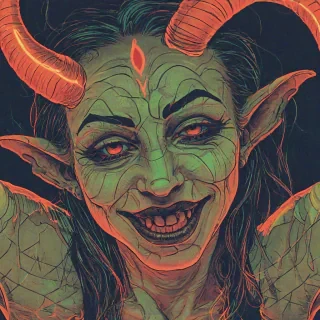 neon sam guay style art of a demon woman leaning very close to the camera with one eyebrow raised and a sly smile