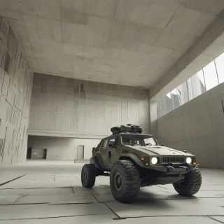A khaki colored rover in a brutalist architectural environment, with a wide-angle shot, full-body view, and dynamic shadows, set against a plain white background, in a digital art style with a focus on geometric shapes and clean lines, with the rover's details and textures prominently displayed, and a sense of ruggedness and functionality, on a plain white background, even lighting