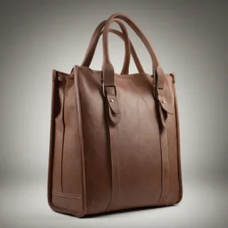 A high-quality, full-body view of a brown leather carrier bag with a classic design, made from thick, genuine leather, having a sturdy handle and a secure zipper closure, on a plain white background, with soft, natural lighting and subtle shadows, in a wide shot, with the bag's texture and details clearly visible, in a digital art style, with a mix of earthy tones and a slight vintage feel, on a plain white background, even lighting 