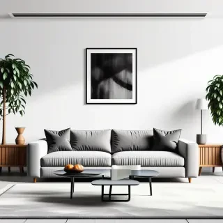 front view of a mid century modern living room design