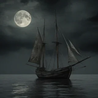a worn, old, eerie boat with tattered sails, isolated in the middle of a vast, calm ocean, under a dark and foreboding sky with a full moon, in a wide shot with the boat's reflection visible in the water, digital art style, high contrast