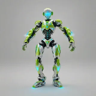 A full-body view of a fantasy robot named Lime, with a shiny metallic body, standing on a plain white background, with bright lime green accents and glowing blue eyes, in a wide shot, with a sense of dynamic movement, as if it's about to spring into action, with a mix of digital art and 3D rendering styles, and a hint of magic and wonder in the atmosphere, on a plain white background, even lighting