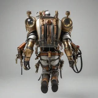 A medieval fantasy style jetpack, brass accents, and a worn leather strap, in a wide shot with the jetpack's thrusters and fuel tanks visible, on a plain white background, medieval and fantasy style, high detail, no humans, jet pack only in image, on a plain white background, even lighting