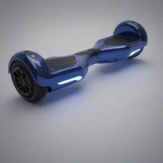 A sleek, indigo-colored, futuristic hoverboard, with a grunge-inspired design, full-body view, wide shot, on a plain white background, with dynamic shadows and a hard rim light, in a digital art style