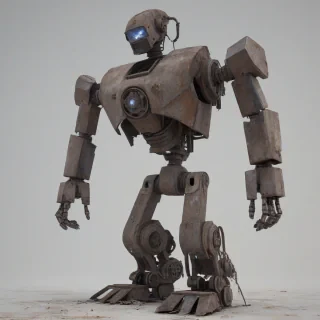 A full-body view of a large, rusty industrial robot standing alone on a barren, post-apocalyptic landscape, with a periwinkle-colored glow emanating from its cracked screen, set against a plain white background, with a wide-angle shot and dynamic shadows, in a digital art style with a focus on surrealism, on a plain white background, even lighting 