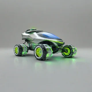 A full-body view of a futuristic rover, with a shiny metallic body, standing on a plain white background, with bright lime green accents and glowing blue accents, in a wide shot, with a sense of dynamic movement, as if it's about to take off, with a mix of digital art and 3D rendering styles, and a hint of magic and wonder in the atmosphere
