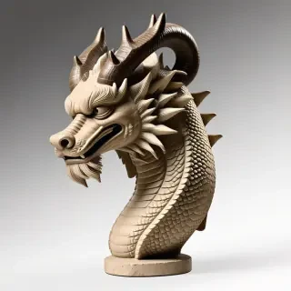 A Greek style statue of a dragon head with thick horns curling from the top of its head down and around its ears to end at the base of its jaw